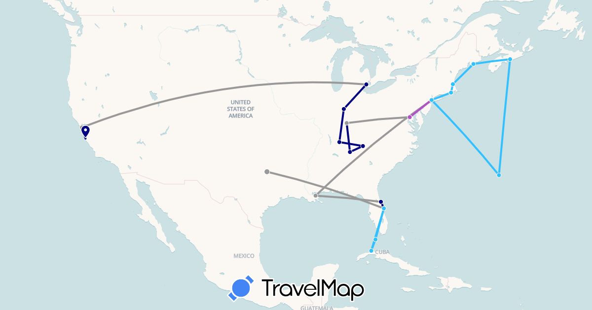 TravelMap itinerary: driving, plane, train, boat in Bermuda, Canada, Cuba, United States (North America)