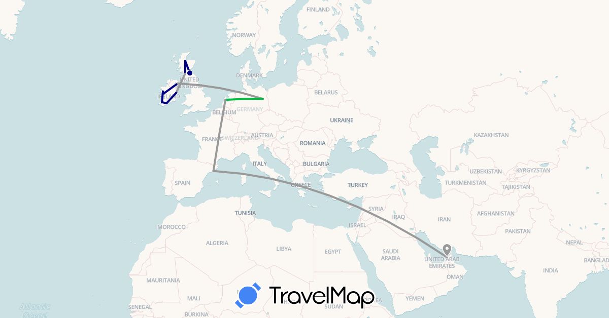 TravelMap itinerary: driving, bus, plane in United Arab Emirates, Germany, Spain, United Kingdom, Ireland, Netherlands (Asia, Europe)